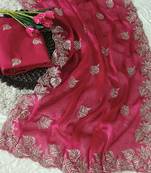 pink chiffon zari and sequin work saree with blouse