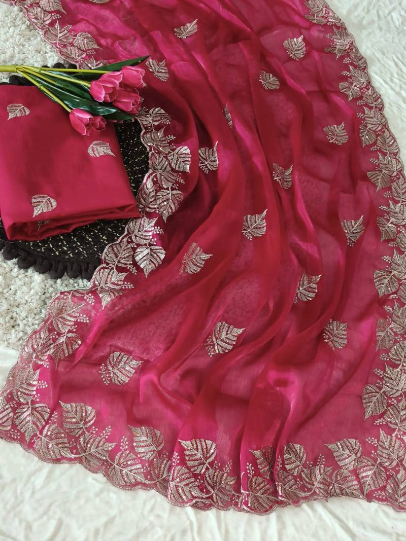 pink chiffon zari and sequin work saree with blouse