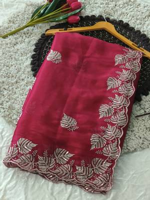 pink chiffon zari and sequin work saree with blouse 2