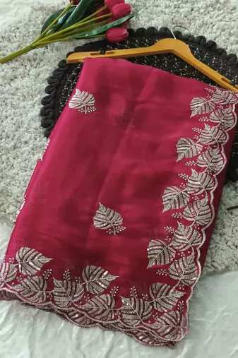 pink chiffon zari and sequin work saree with blouse