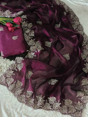 wine chiffon zari and sequin work saree with blouse 1