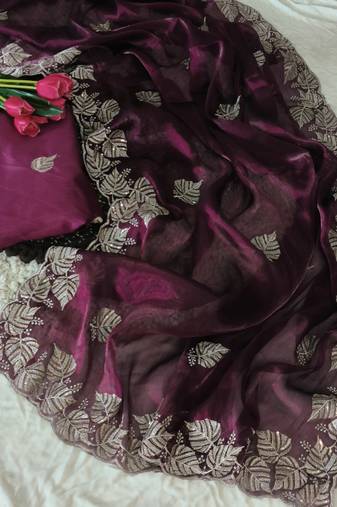 wine chiffon zari and sequin work saree with blouse