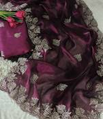 wine chiffon zari and sequin work saree with blouse