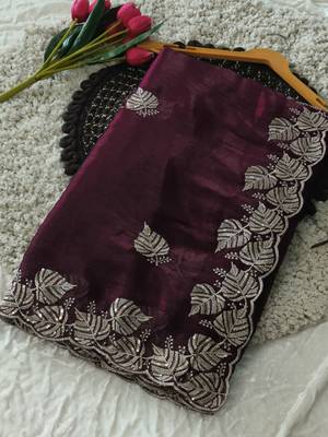 wine chiffon zari and sequin work saree with blouse 2