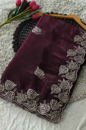 wine chiffon zari and sequin work saree with blouse