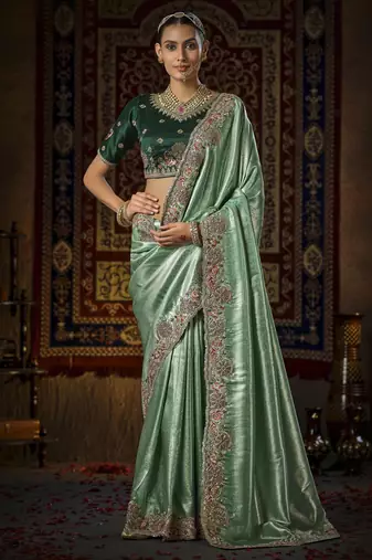 seagreen kanjivaram silk blend wedding saree