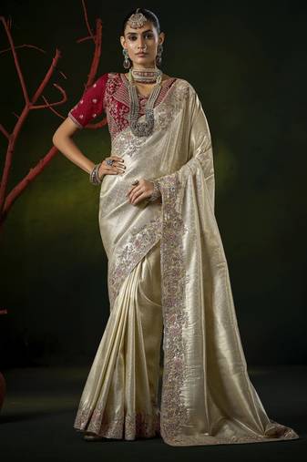 cream kanjivaram silk blend wedding saree
