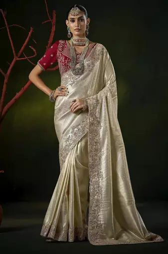 cream kanjivaram silk blend wedding saree