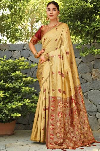 Beige woven paithani silk blend saree with unstitched blouse