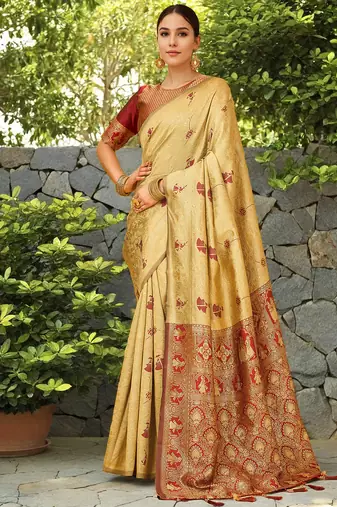 Beige woven paithani silk blend saree with unstitched blouse