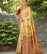 Beige woven paithani silk blend saree with unstitched blouse