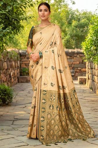 Cream woven paithani silk blend saree with unstitched blouse