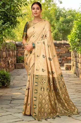 Cream woven paithani silk blend saree with unstitched blouse