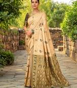 Cream woven paithani silk blend saree with unstitched blouse