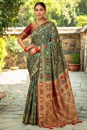 Green woven paithani silk blend saree with unstitched blouse