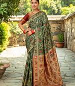 Green woven paithani silk blend saree with unstitched blouse