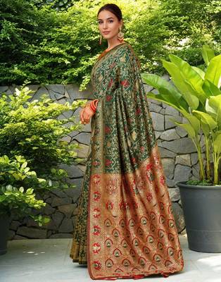 Green woven paithani silk blend saree with unstitched blouse 2