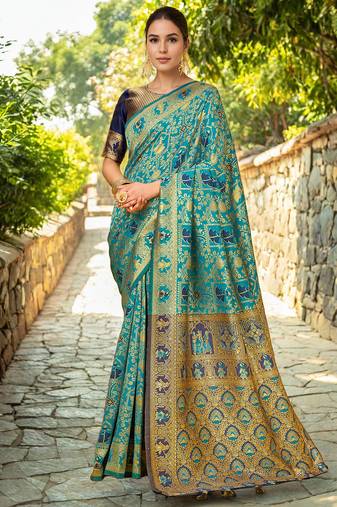 Rama woven paithani silk blend saree with unstitched blouse