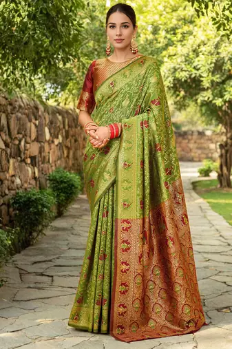 Light green woven paithani silk blend saree with unstitched blouse