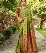 Light green woven paithani silk blend saree with unstitched blouse