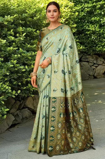 Mahendi woven paithani silk blend saree with unstitched blouse
