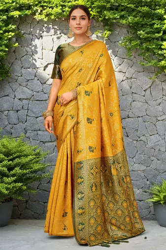 Mustard woven paithani silk blend saree with unstitched blouse