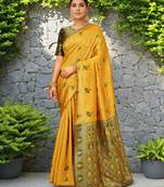 Mustard woven paithani silk blend saree with unstitched blouse