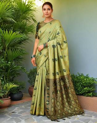 Olive woven paithani silk blend saree with unstitched blouse 1