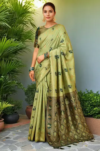 Olive woven paithani silk blend saree with unstitched blouse