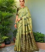 Olive woven paithani silk blend saree with unstitched blouse