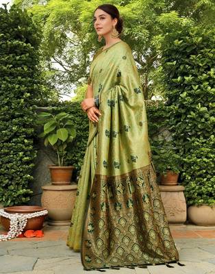 Olive woven paithani silk blend saree with unstitched blouse 2