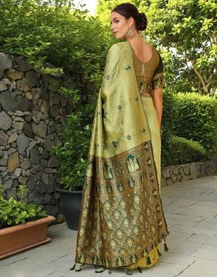 Olive woven paithani silk blend saree with unstitched blouse 4