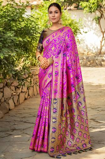 Pink woven paithani silk blend saree with unstitched blouse