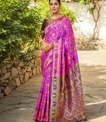 Pink woven paithani silk blend saree with unstitched blouse