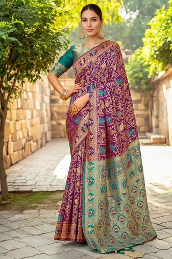 Purple woven paithani silk blend saree with unstitched blouse