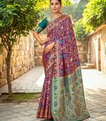 Purple woven paithani silk blend saree with unstitched blouse