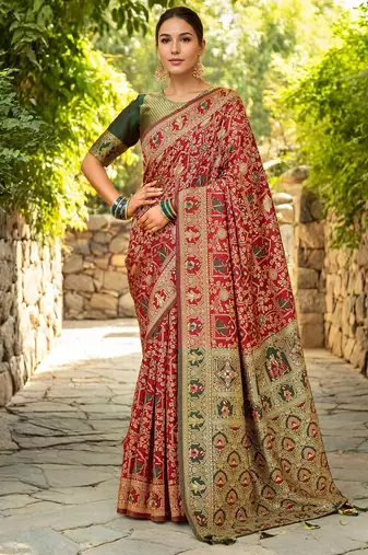 Red woven paithani silk blend saree with unstitched blouse