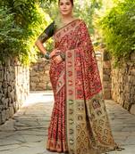 Red woven paithani silk blend saree with unstitched blouse