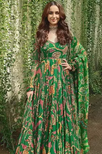 Mahendi Green Full Flared Printed Anarkali With Dupatta  set of 2 pc 