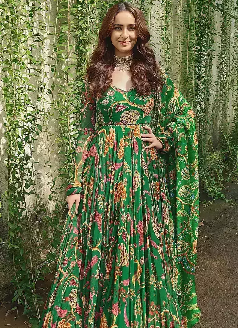 Mahendi Green Full Flared Printed Anarkali With Dupatta  set of 2 pc 