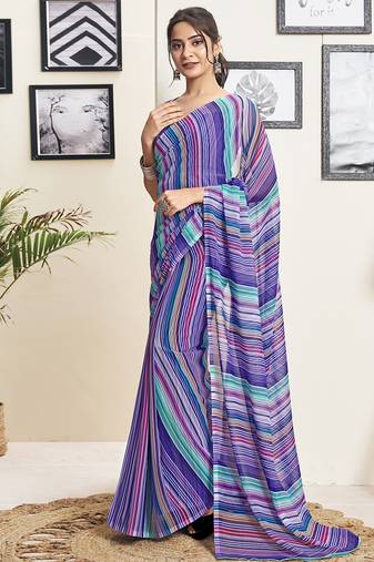 Pink and purple georgette screen printed casual ready to wear saree with blouse