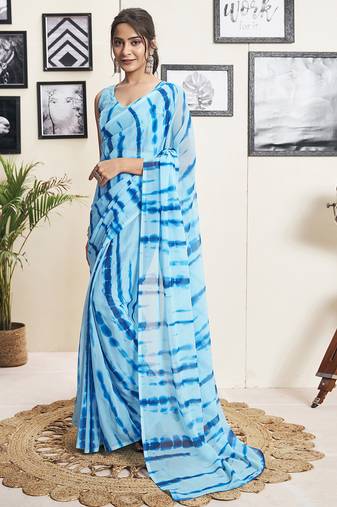 Blue georgette screen printed casual ready to wear saree with blouse