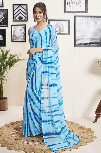 Blue georgette screen printed casual ready to wear saree with blouse