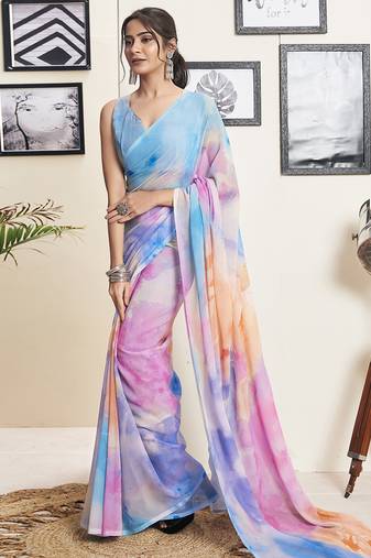 Multicolor and blue georgette screen printed casual ready to wear saree with blouse