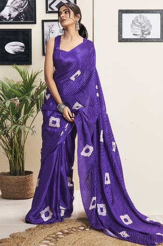Purple art silk screen printed bandhani ceremony and party ready to wear saree with blouse