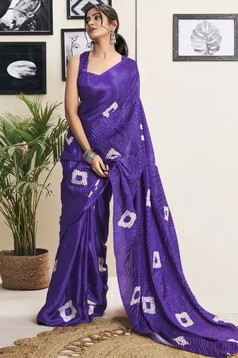 Purple art silk screen printed bandhani ceremony and party ready to wear saree with blouse