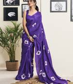 ready to wear purple art silk screen printed bandhani ceremony and party saree with blouse