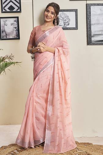 Pink cotton zari screen printed casual, work and ceremony ready to wear saree with blouse