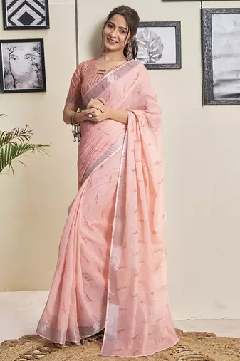 Pink cotton zari screen printed casual, work and ceremony ready to wear saree with blouse