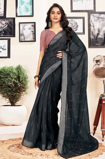 Black cotton zari screen printed casual, work and ceremony ready to wear saree with blouse